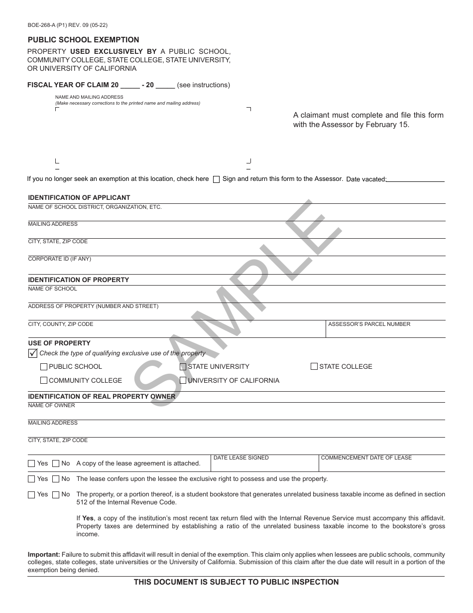 Form BOE-268-A Public School Exemption - Sample - California, Page 1