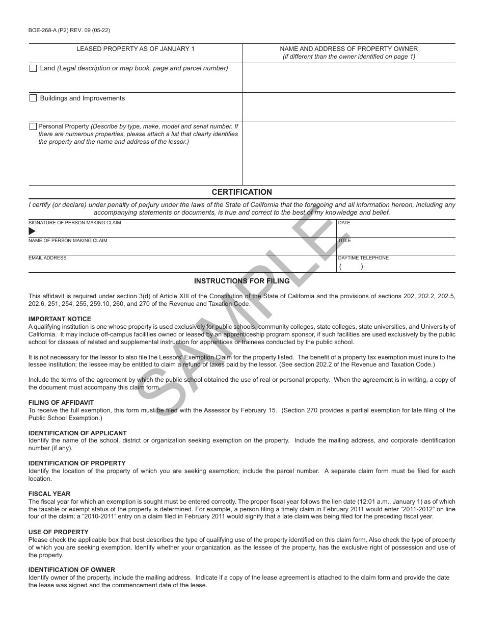 Form BOE-268-A Public School Exemption - Sample - California, Page 2