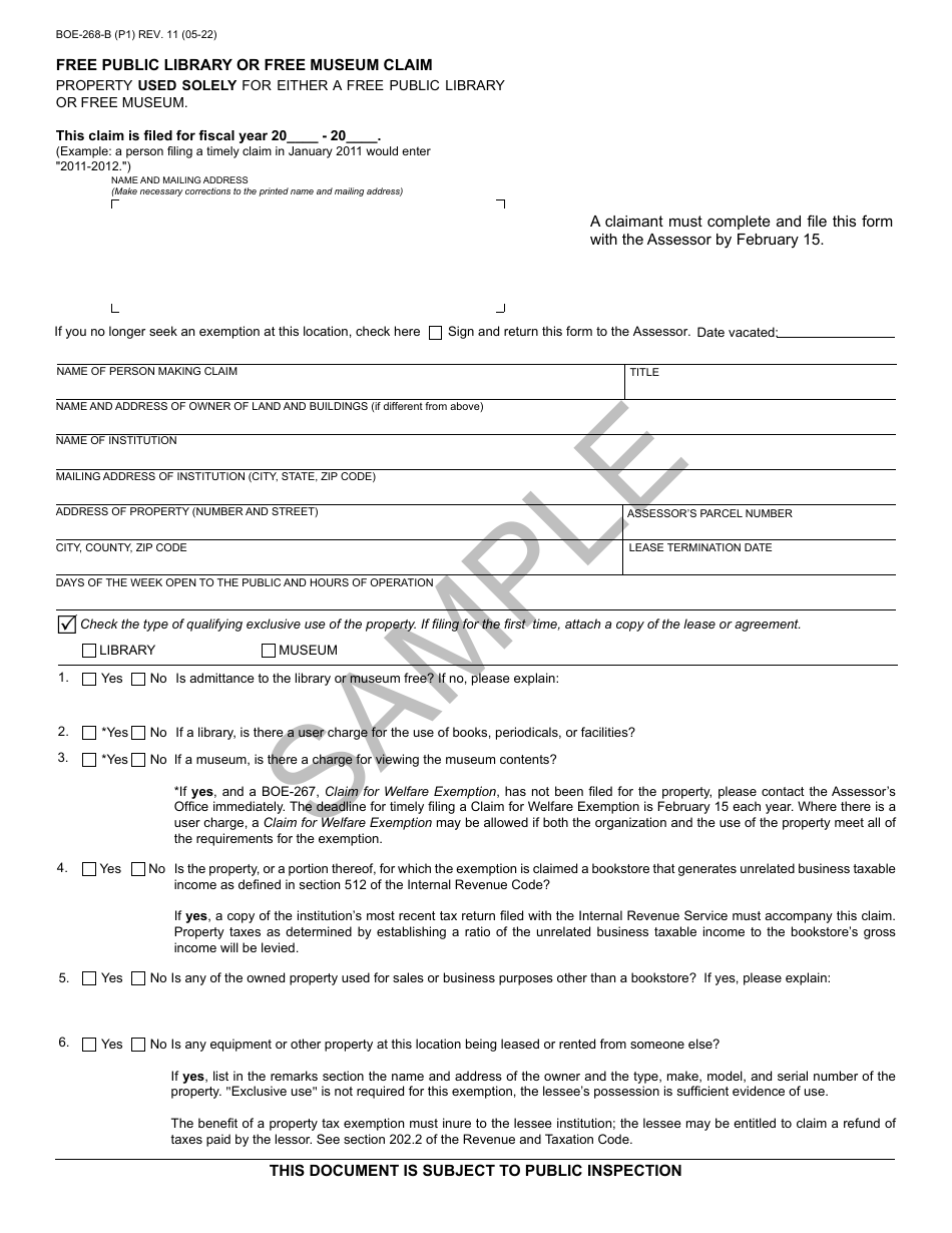 Form BOE-268-B Free Public Library or Free Museum Claim - Sample - California, Page 1