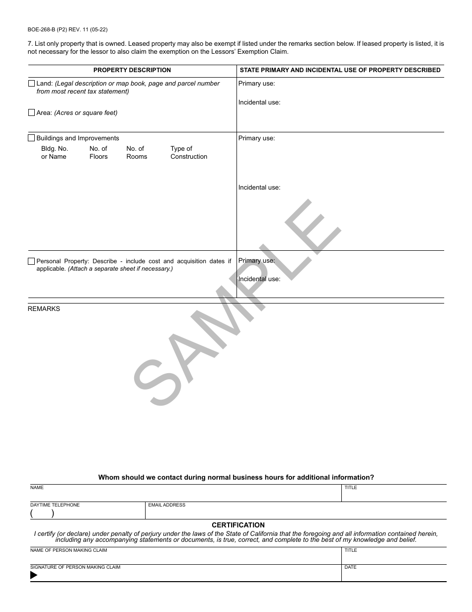 Form BOE-268-B Free Public Library or Free Museum Claim - Sample - California, Page 2