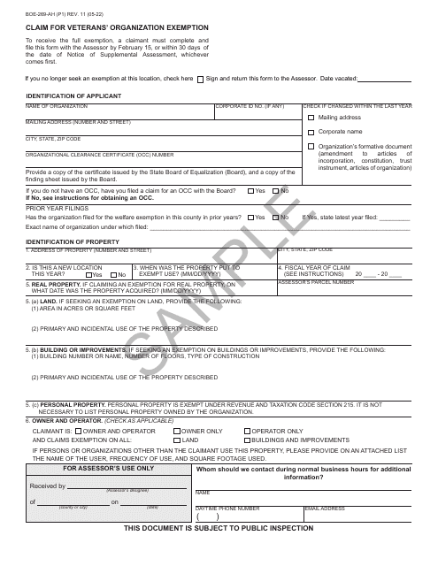 Form BOE-269-AH Claim for Veterans' Organization Exemption - Sample - California