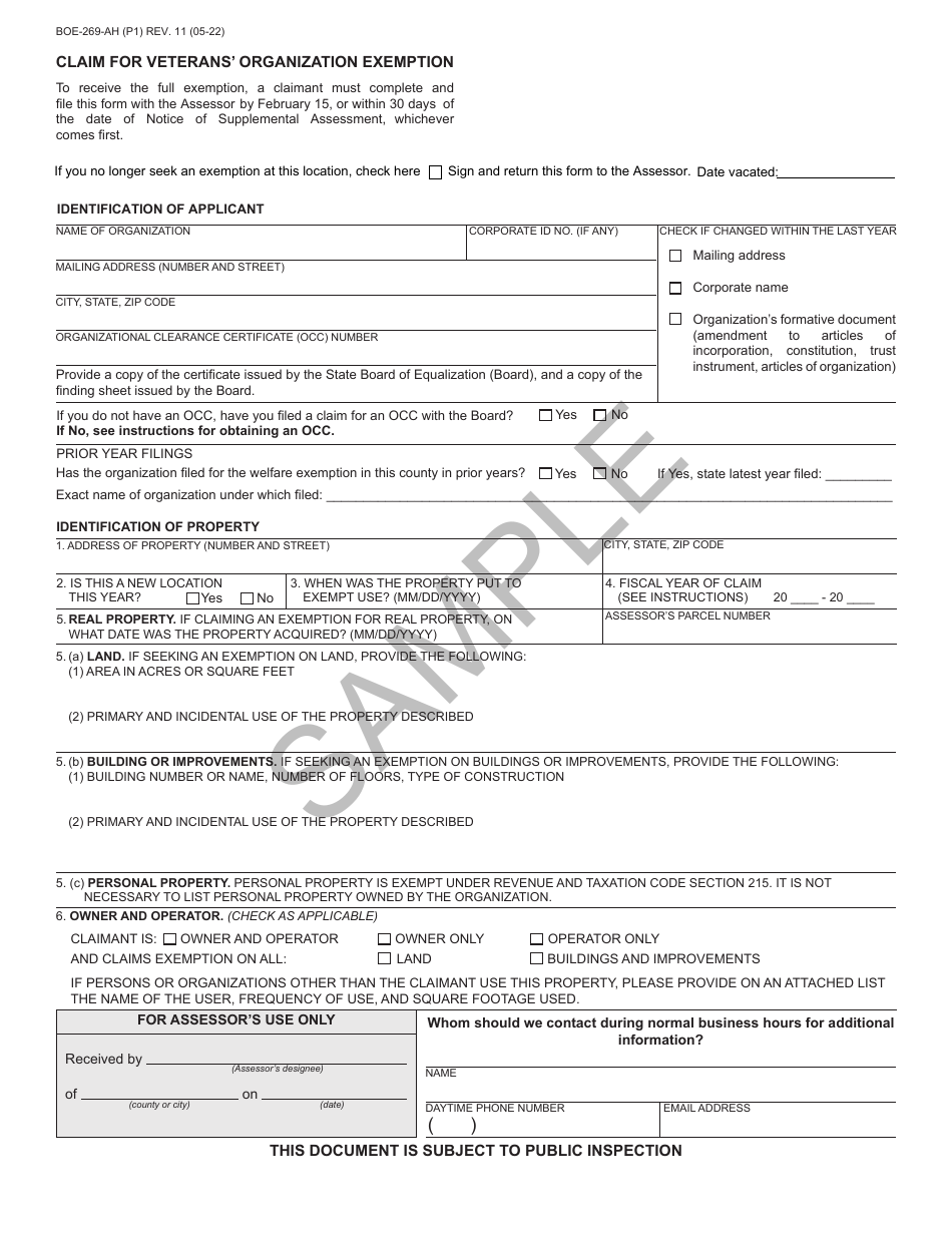 Form BOE-269-AH Claim for Veterans Organization Exemption - Sample - California, Page 1