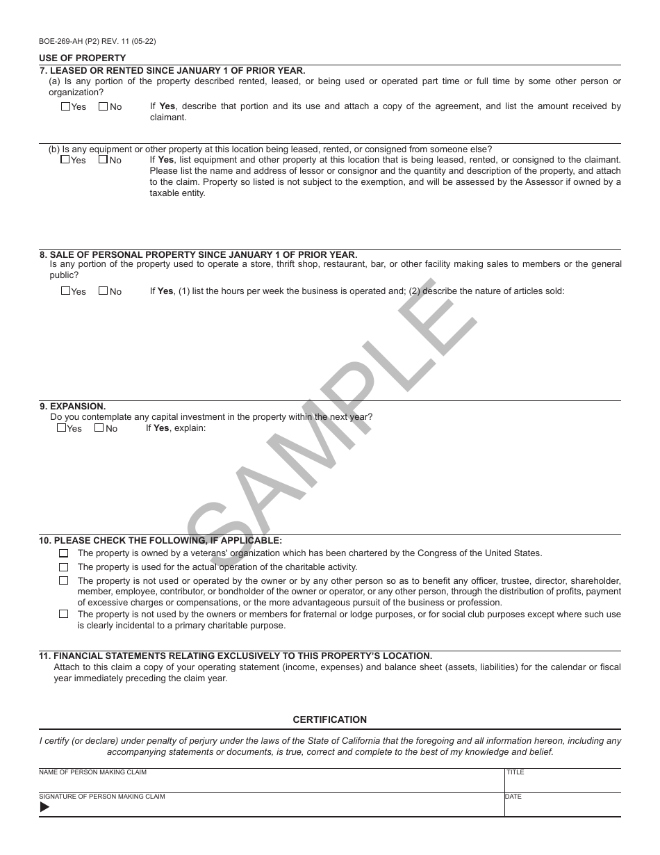 Form BOE-269-AH Claim for Veterans Organization Exemption - Sample - California, Page 2