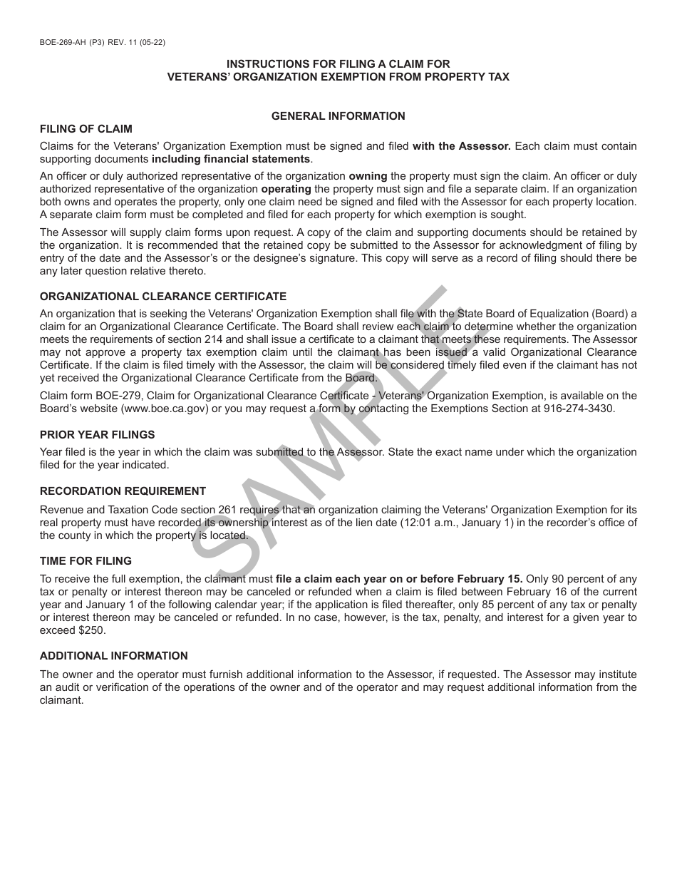 Form BOE-269-AH Claim for Veterans Organization Exemption - Sample - California, Page 3