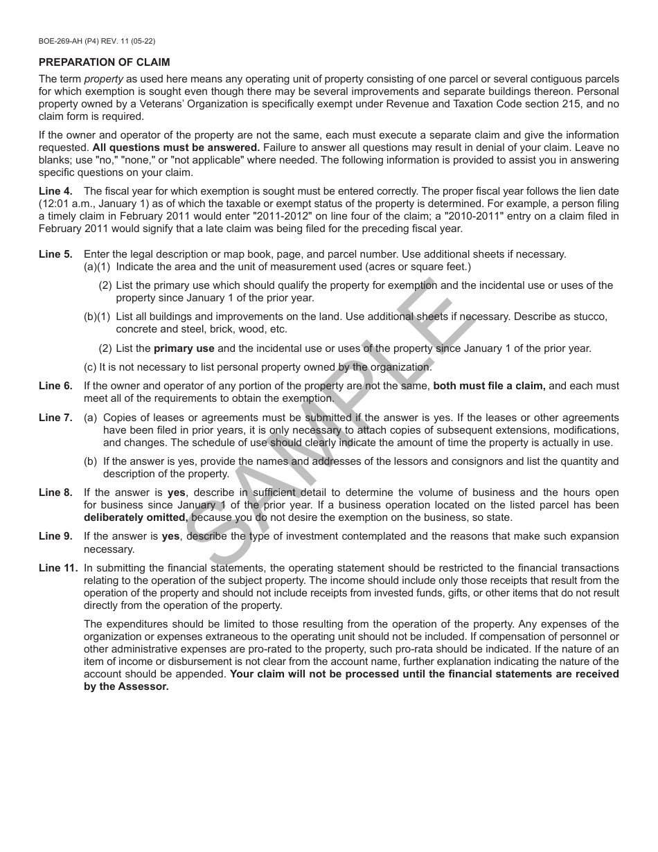 Form BOE-269-AH Claim for Veterans Organization Exemption - Sample - California, Page 4