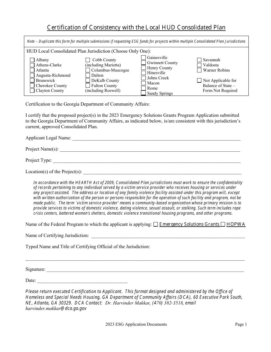 Certification of Consistency With the Local Hud Consolidated Plan - Georgia (United States), Page 1