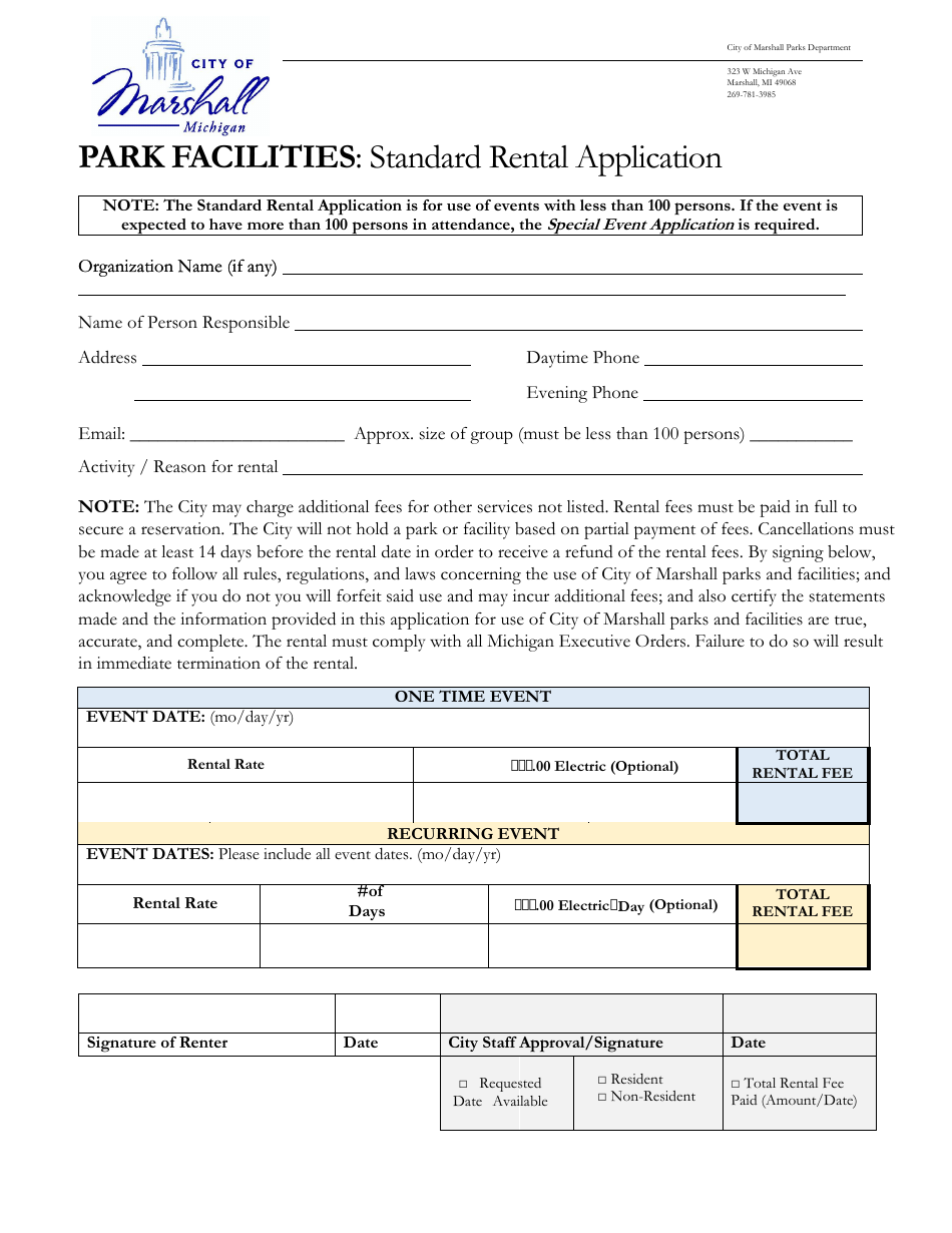 Park Facilities: Standard Rental Application - City of Marshall, Michigan, Page 1