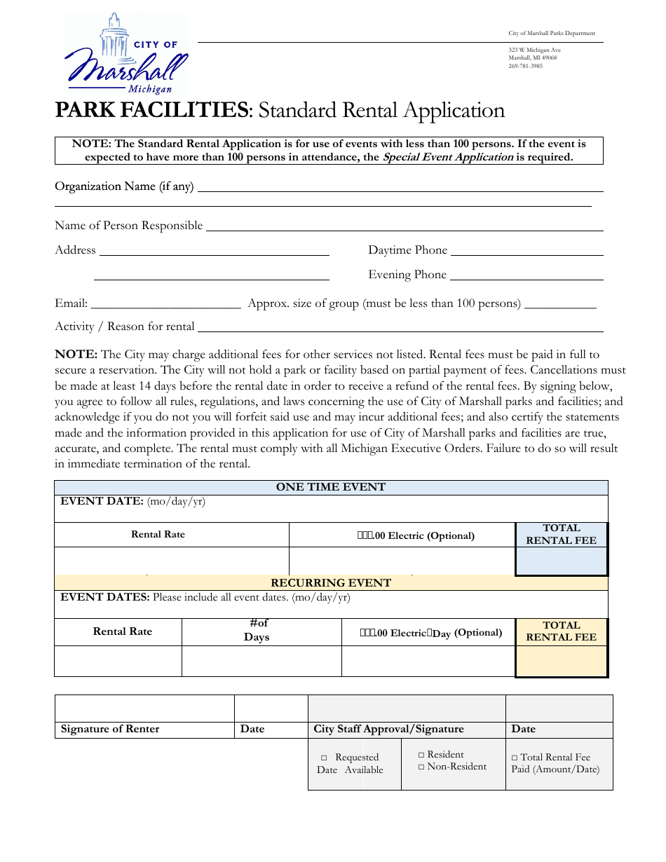City of Marshall, Michigan Park Facilities Standard Rental Application