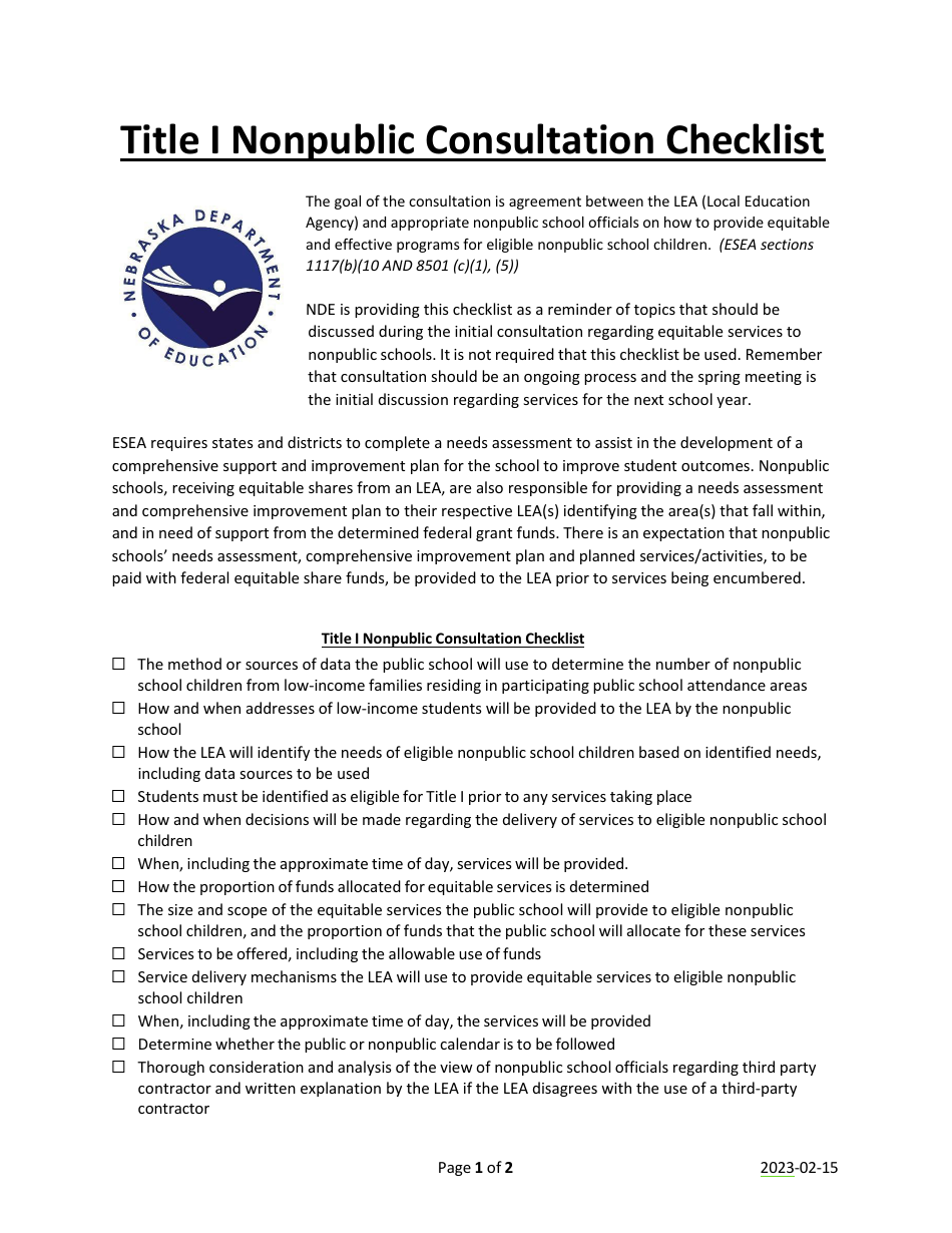 Title I Nonpublic Consultation Checklist - Nebraska, Page 1