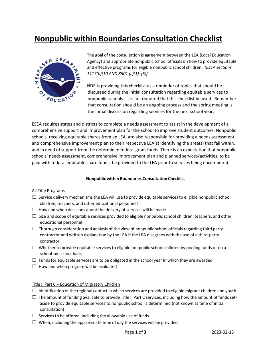Nonpublic Within Boundaries Consultation Checklist - Nebraska, Page 1