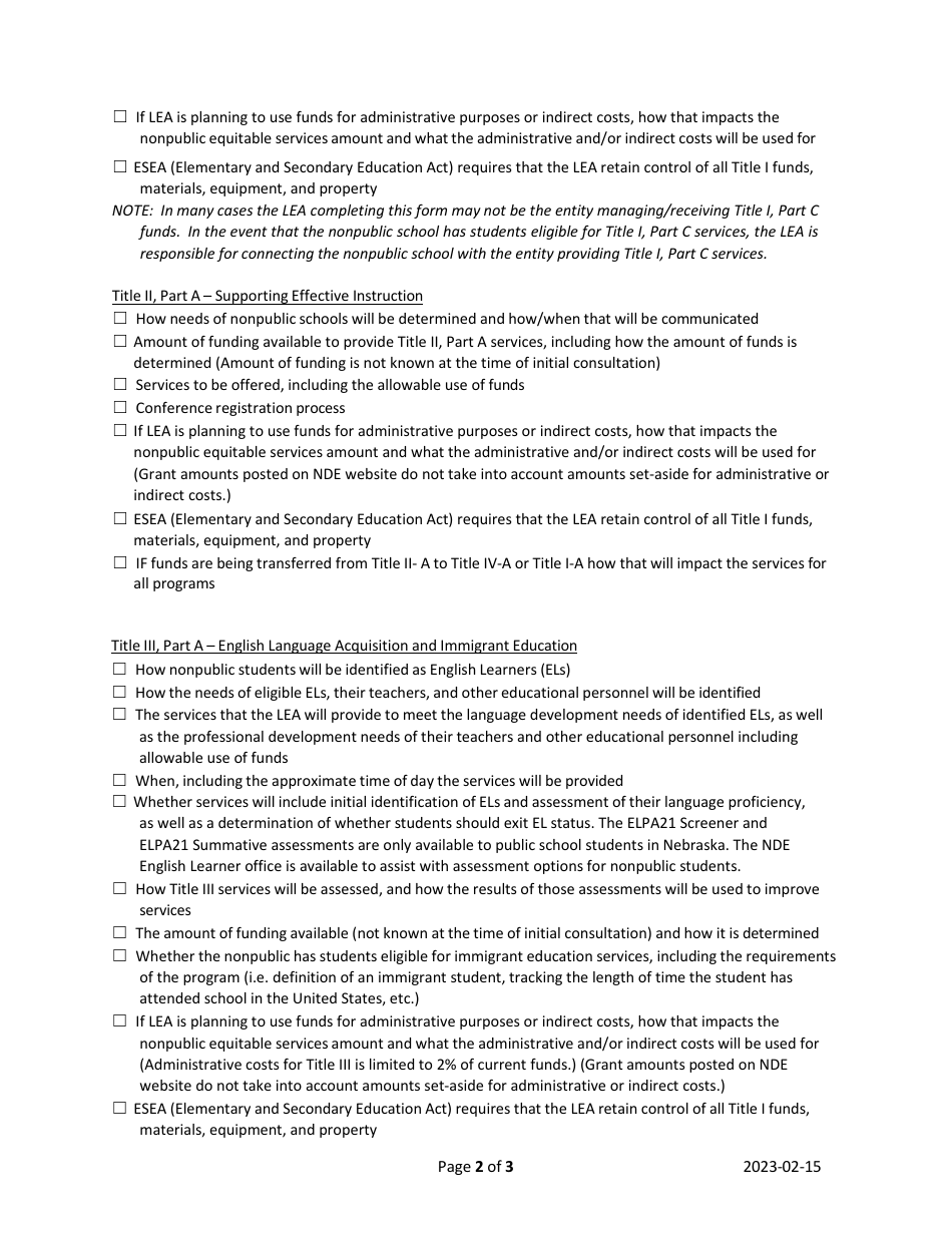 Nonpublic Within Boundaries Consultation Checklist - Nebraska, Page 2
