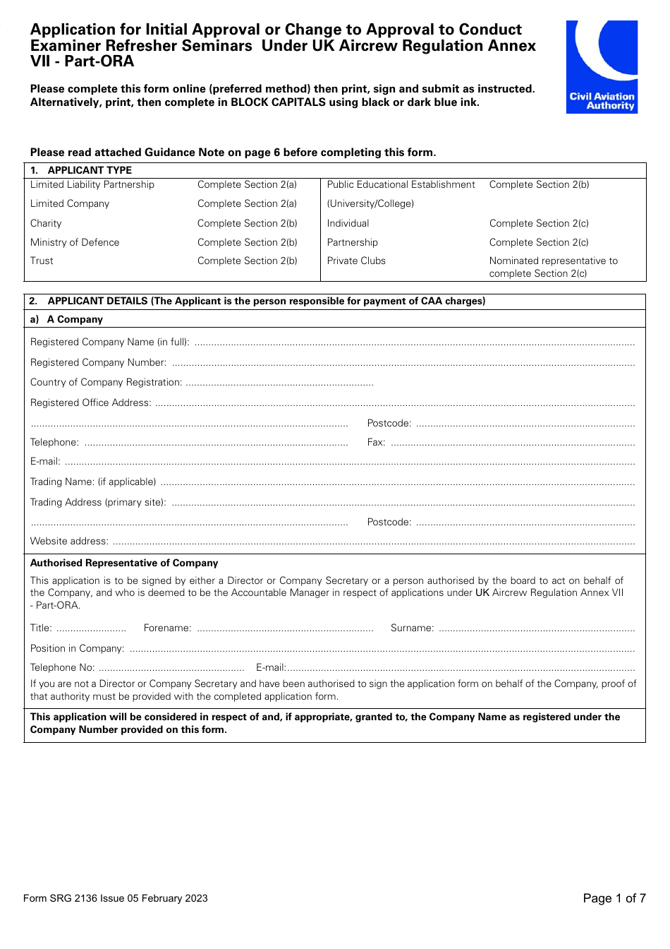 Form SRG2136 Application for Initial Approval or Change to Approval to Conduct Examiner Refresher Seminars Under UK Aircrew Regulation Annex VII - Part-Ora - United Kingdom, Page 1