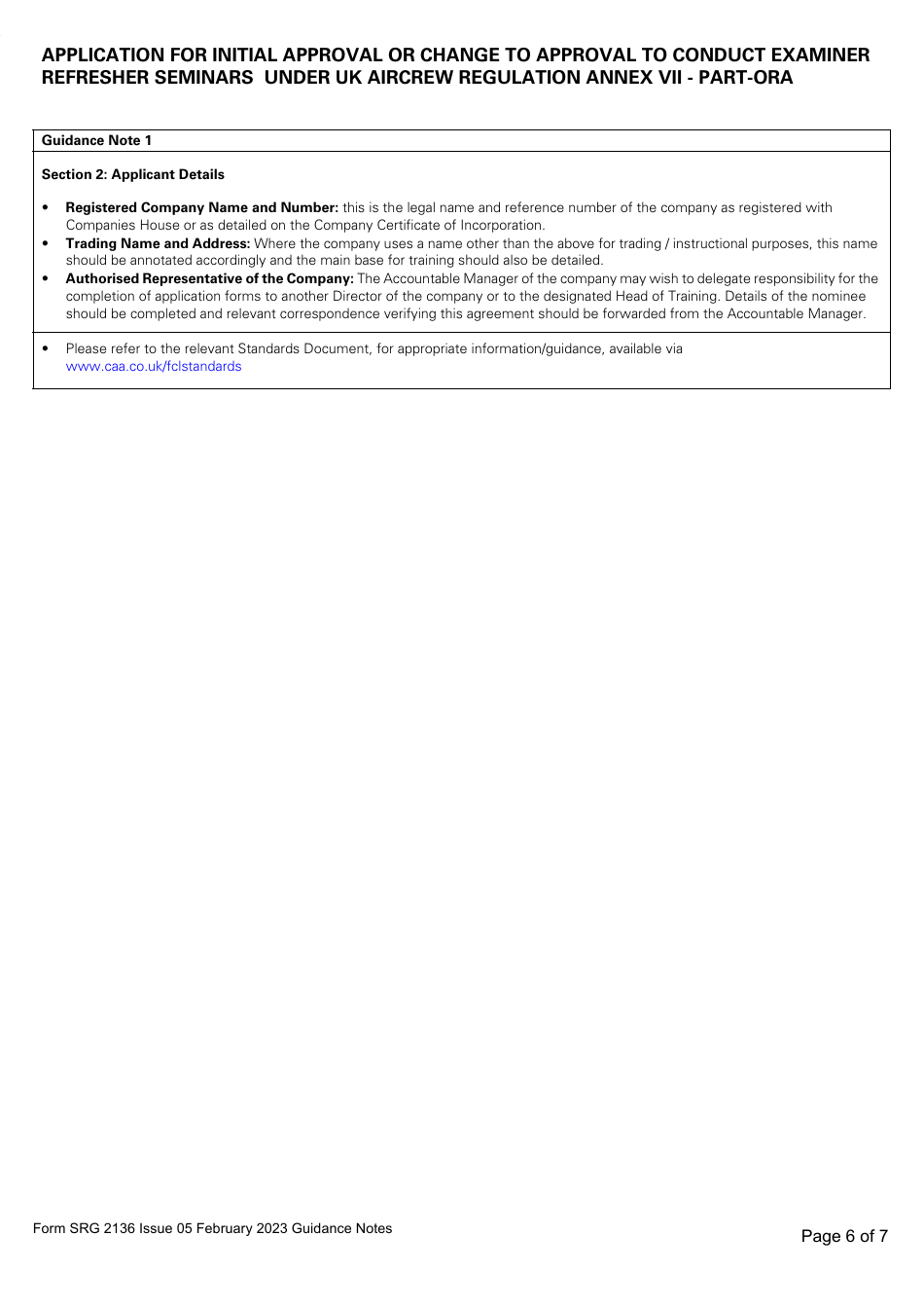 Form SRG2136 Application for Initial Approval or Change to Approval to Conduct Examiner Refresher Seminars Under UK Aircrew Regulation Annex VII - Part-Ora - United Kingdom, Page 6