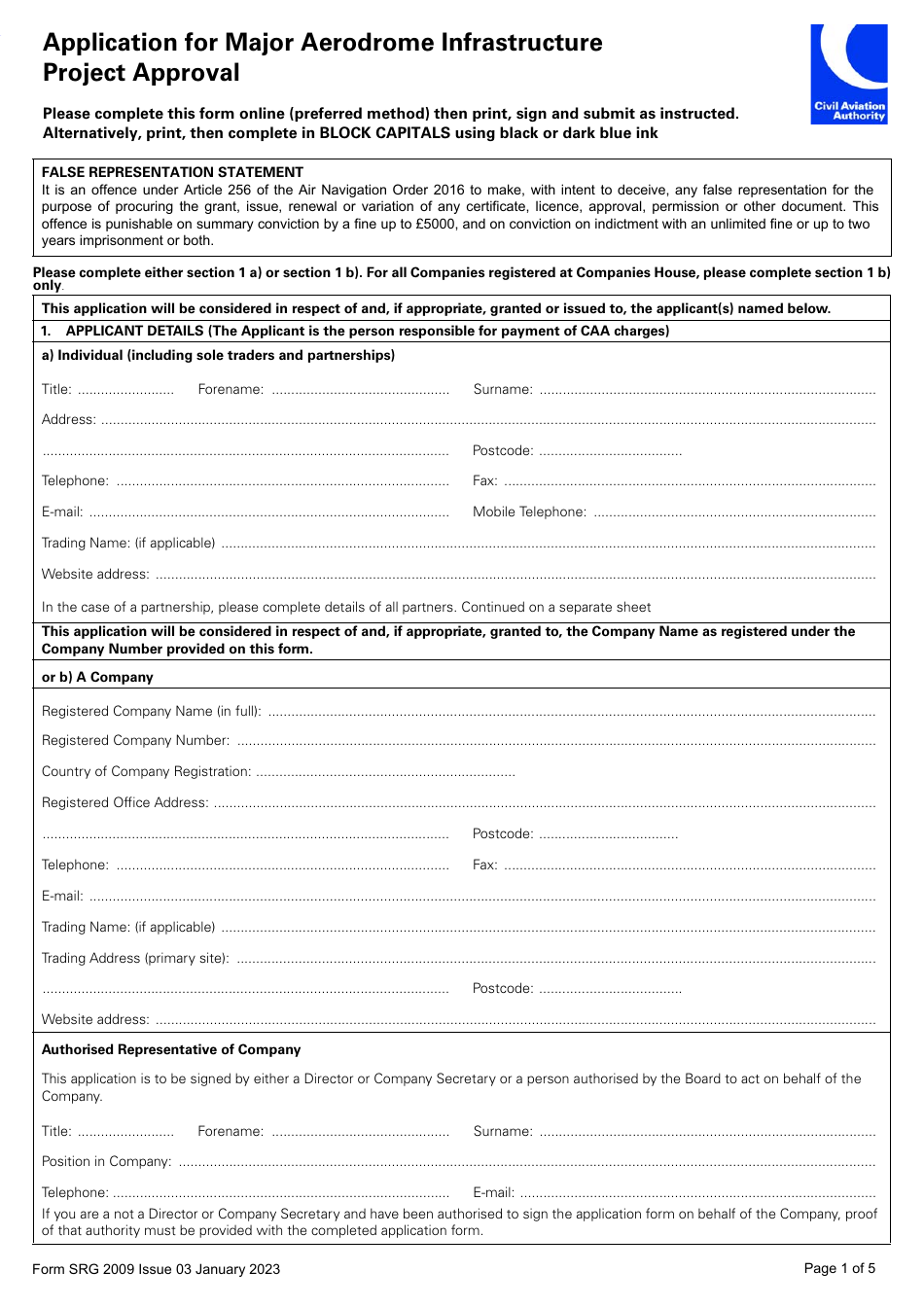 Form SRG2009 Application for Major Aerodrome Infrastructure Project Approval - United Kingdom, Page 1