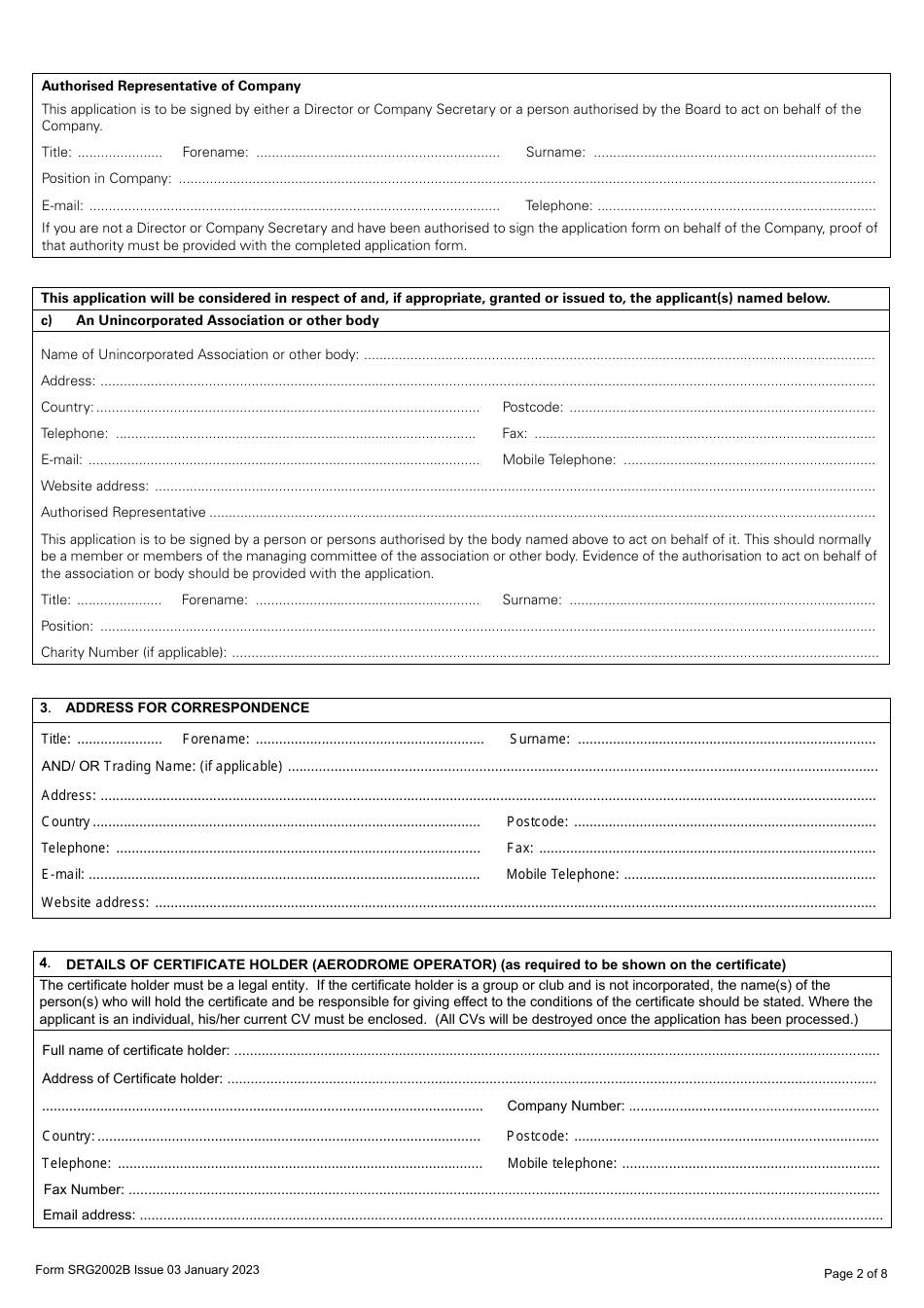 Form SRG2002B Application for an Aerodrome Certificate - United Kingdom, Page 2
