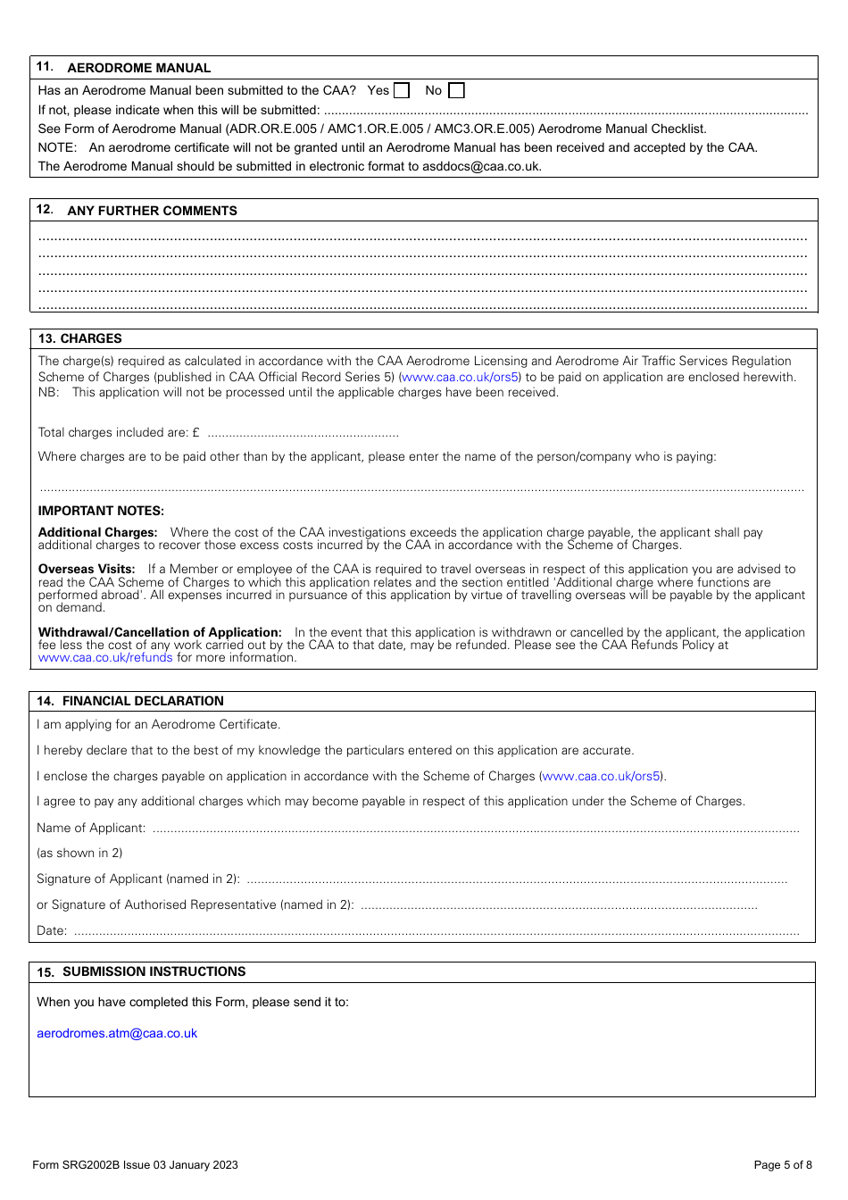 Form SRG2002B Application for an Aerodrome Certificate - United Kingdom, Page 5