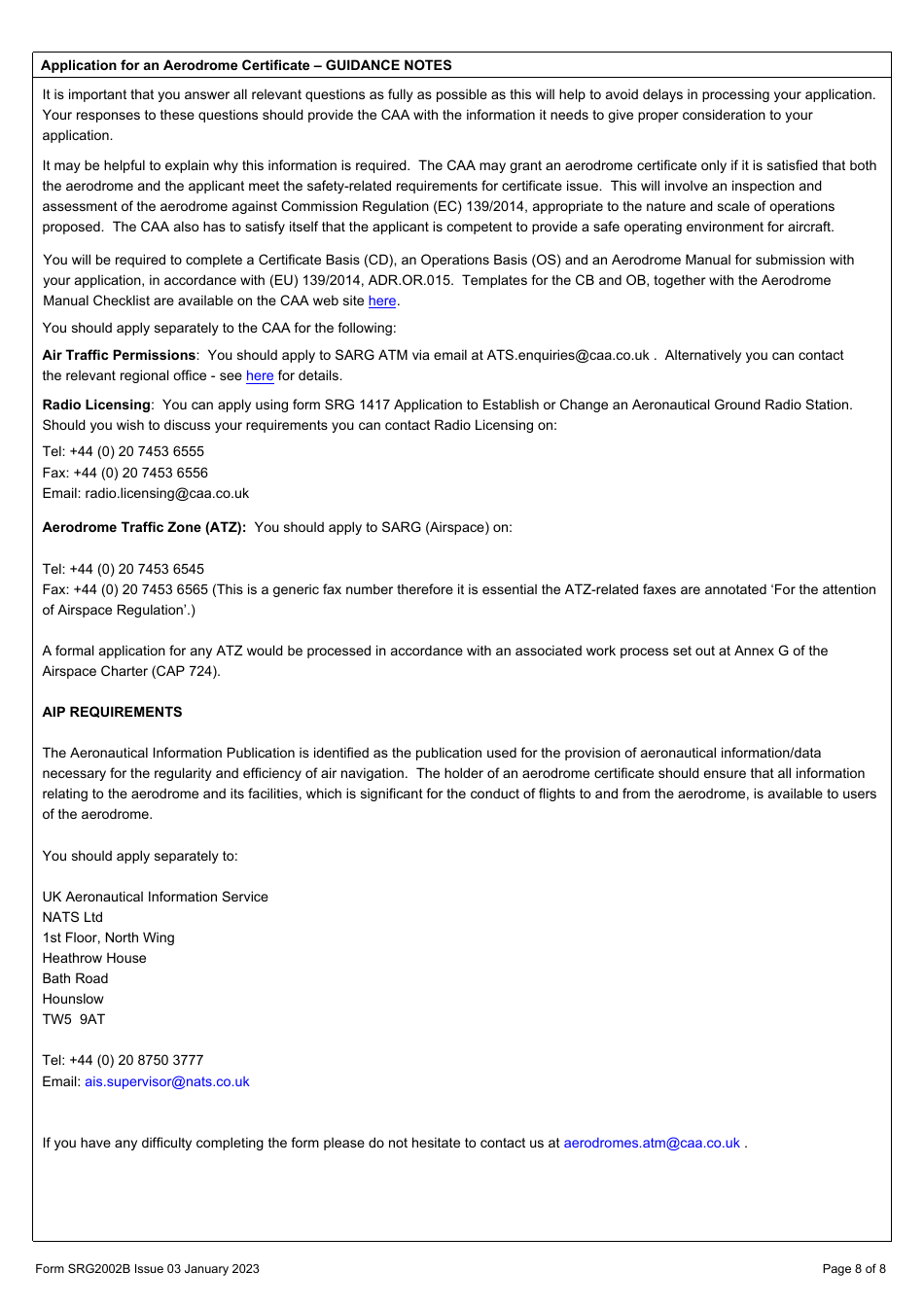 Form SRG2002B Application for an Aerodrome Certificate - United Kingdom, Page 8