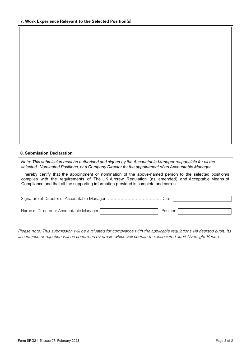Form SRG2115 Approved Training Organisations Accountable Manager  Nominated Persons Submission - United Kingdom, Page 2