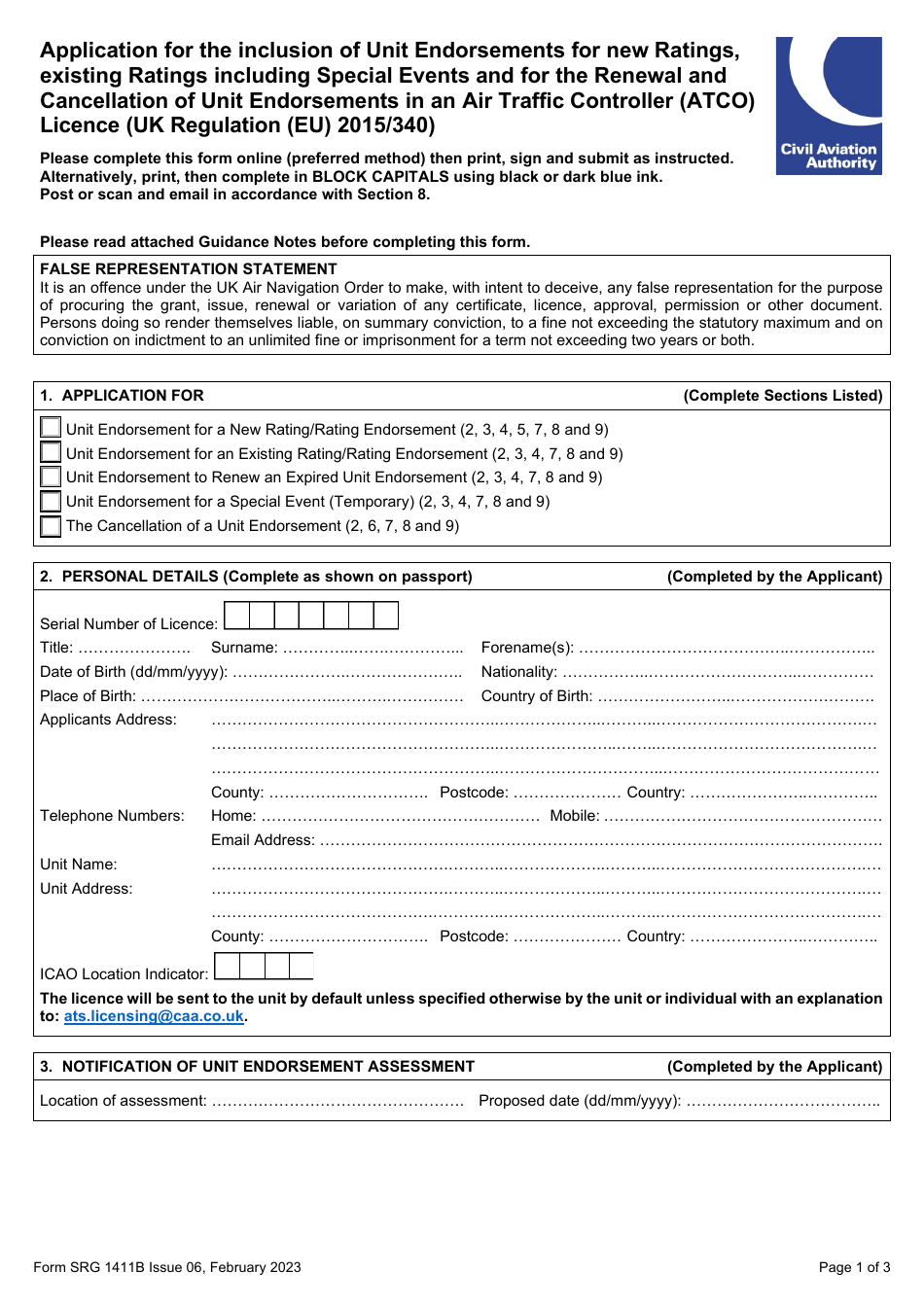 Form SRG1411B Application for the Inclusion of Unit Endorsements for New Ratings, Existing Ratings Including Special Events and for the Renewal and Cancellation of Unit Endorsements in an Air Traffic Controller (Atco) Licence (UK Regulation (Eu) 2015 / 340) - United Kingdom, Page 1