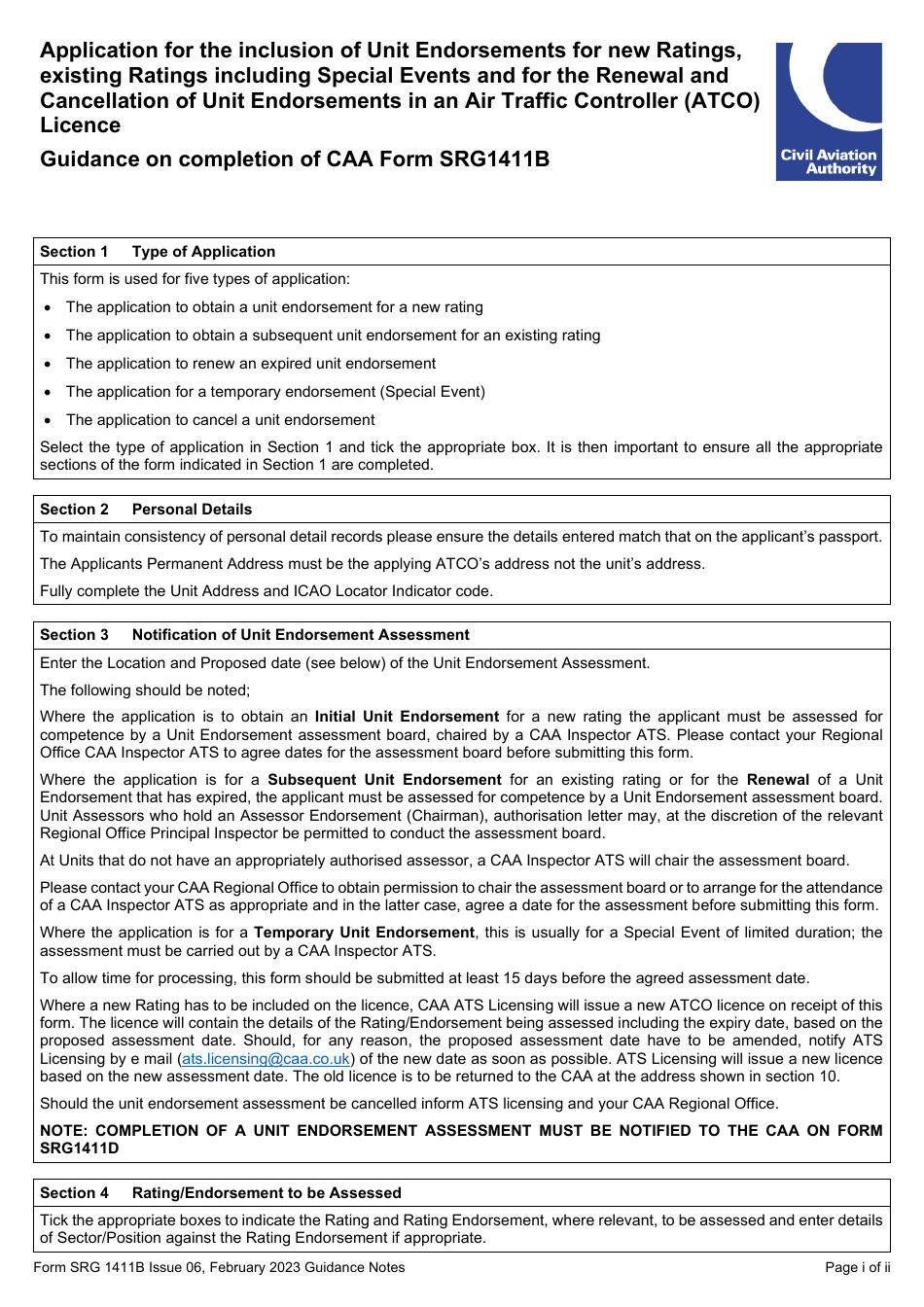 Form SRG1411B Application for the Inclusion of Unit Endorsements for New Ratings, Existing Ratings Including Special Events and for the Renewal and Cancellation of Unit Endorsements in an Air Traffic Controller (Atco) Licence (UK Regulation (Eu) 2015 / 340) - United Kingdom, Page 4