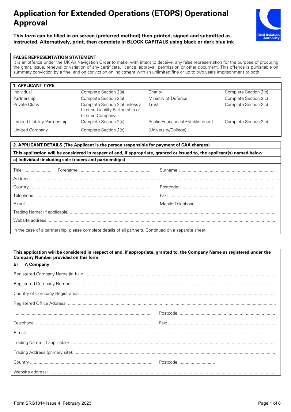 Form SRG1814 Application for Extended Operations (Etops) Operational Approval - United Kingdom, Page 1