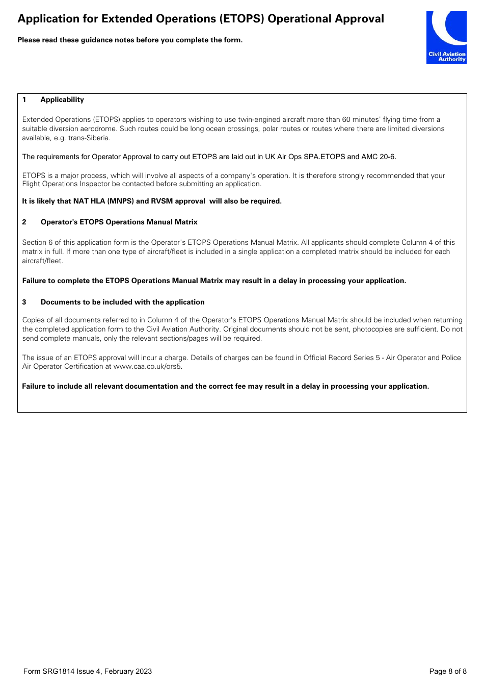 Form SRG1814 Application for Extended Operations (Etops) Operational Approval - United Kingdom, Page 8