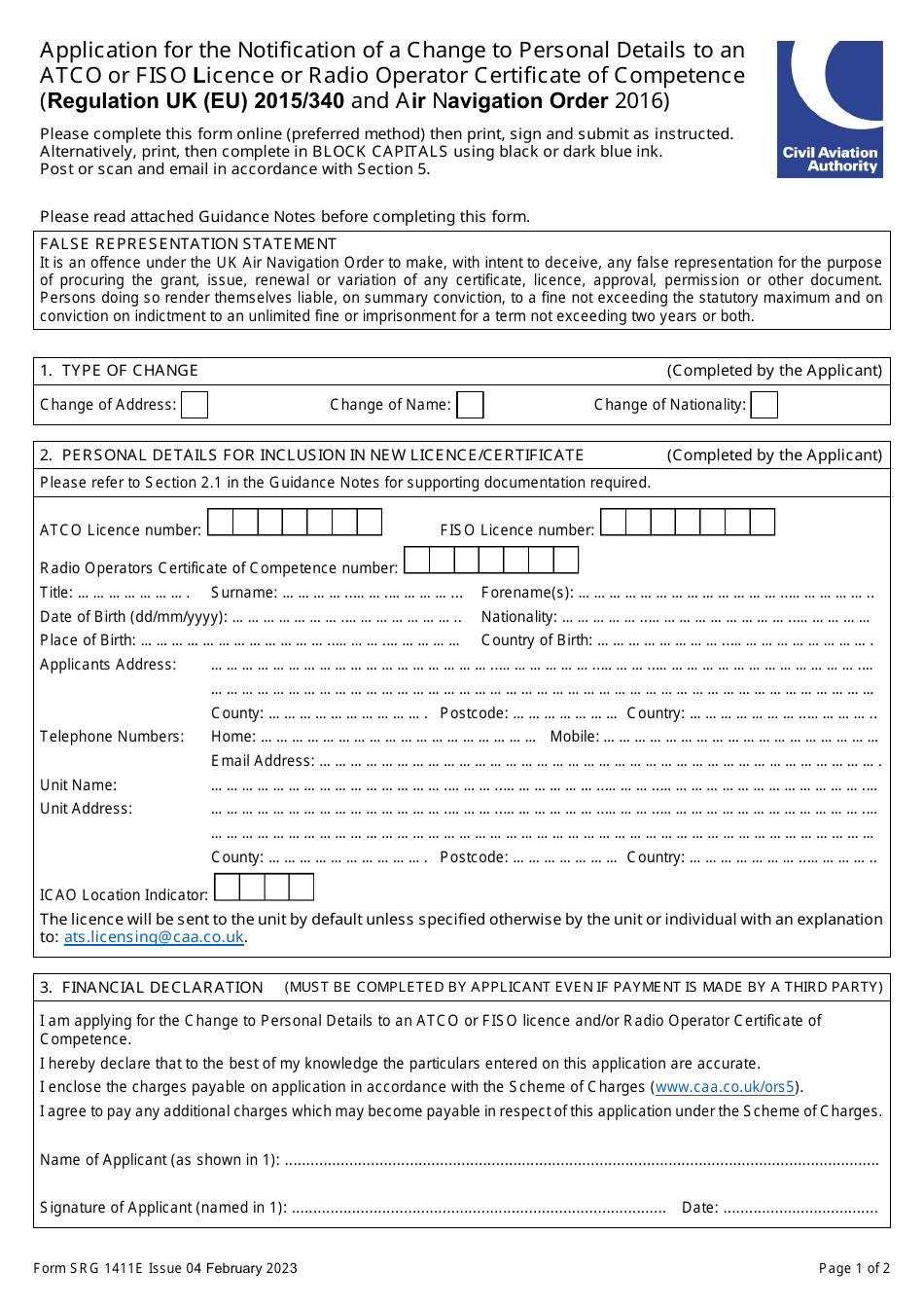 Form SRG1411E Application for the Notification of a Change to Personal Details to an Atco or Fiso Licence or Radio Operator Certificate of Competence - United Kingdom, Page 1
