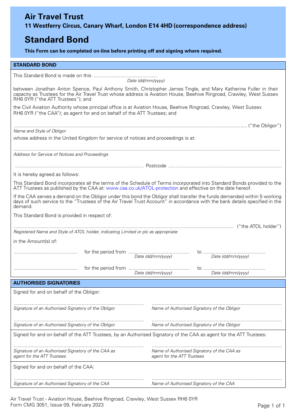 Form CMG3051 Standard Bond - United Kingdom, Page 1