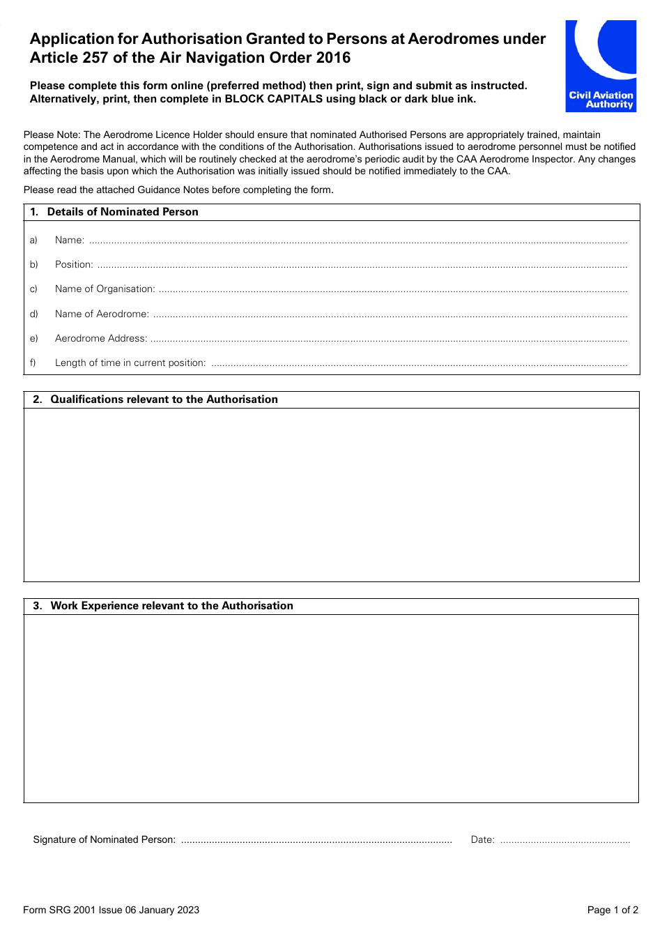 Form SRG2001 - Fill Out, Sign Online and Download Fillable PDF, United ...