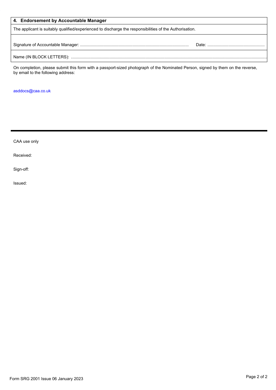 Form SRG2001 Application for Authorisation Granted to Persons at Aerodromes Under Article 257 of the Air Navigation Order 2016 - United Kingdom, Page 2