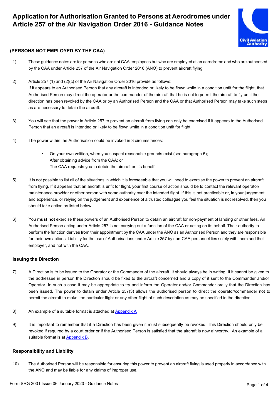 Form SRG2001 Application for Authorisation Granted to Persons at Aerodromes Under Article 257 of the Air Navigation Order 2016 - United Kingdom, Page 3