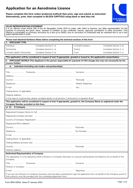 Form SRG2002A Application for an Aerodrome Licence - United Kingdom
