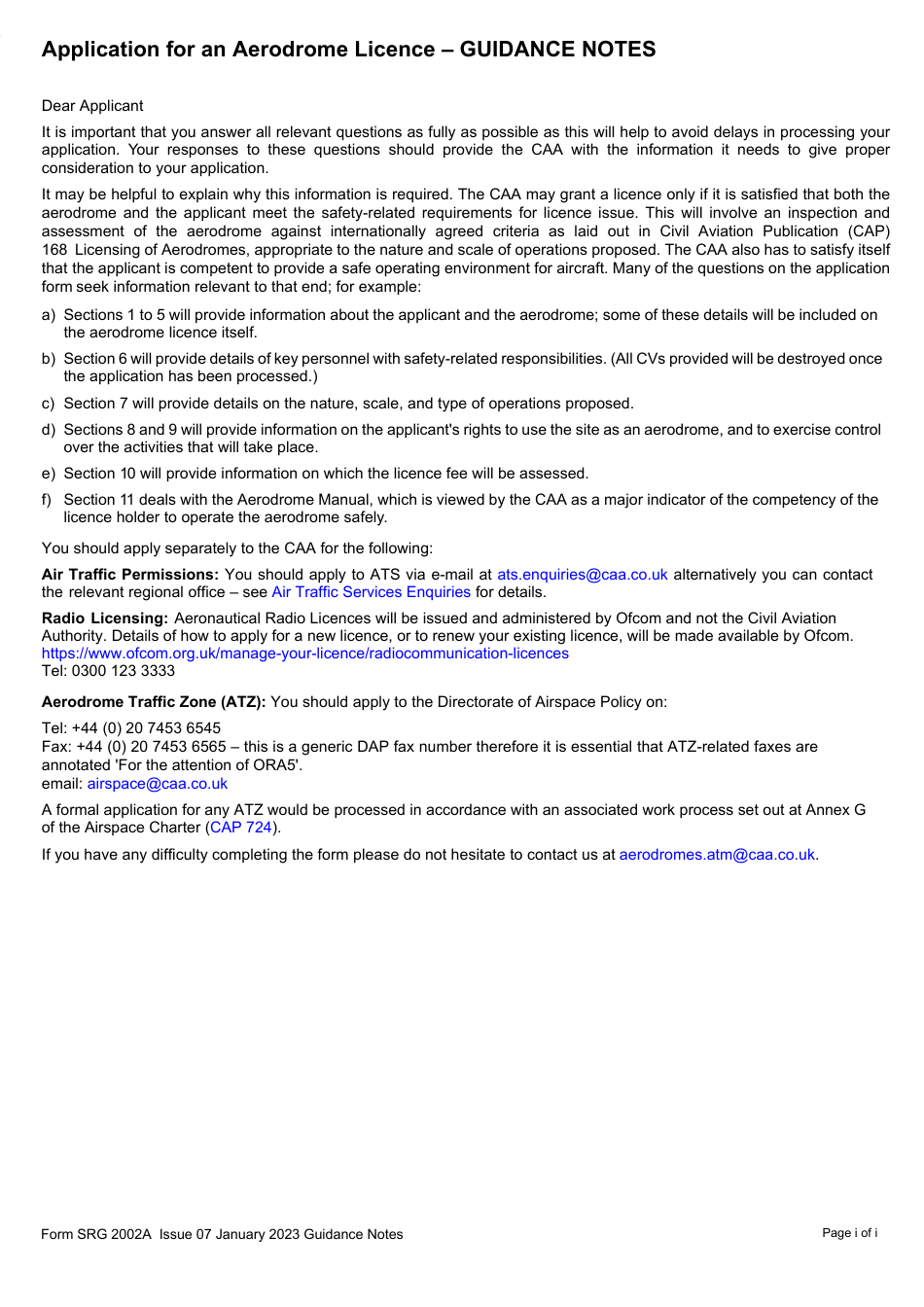 Form SRG2002A Application for an Aerodrome Licence - United Kingdom, Page 10