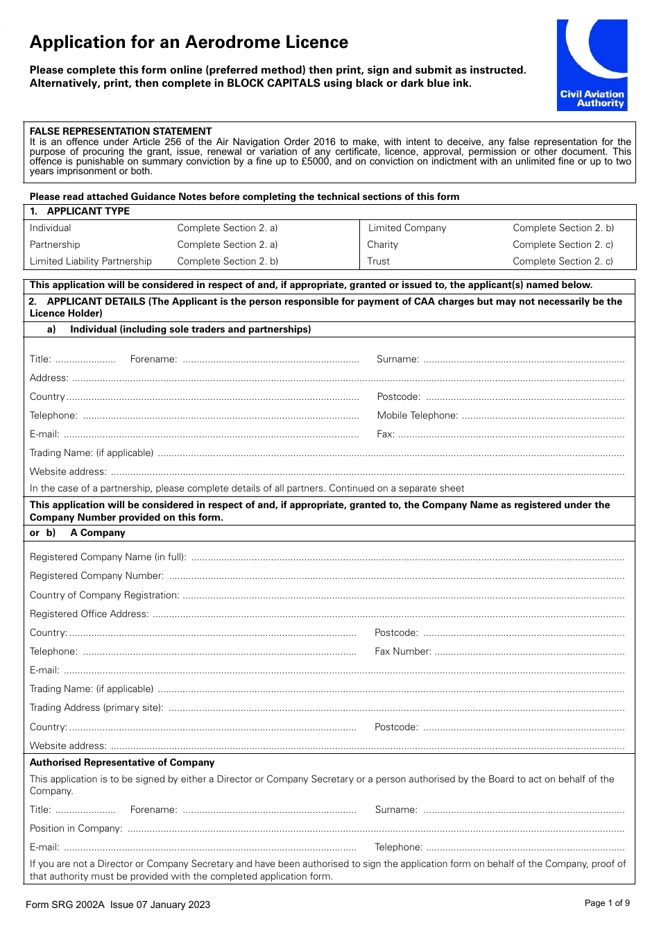 Form SRG2002A Application for an Aerodrome Licence - United Kingdom, Page 1