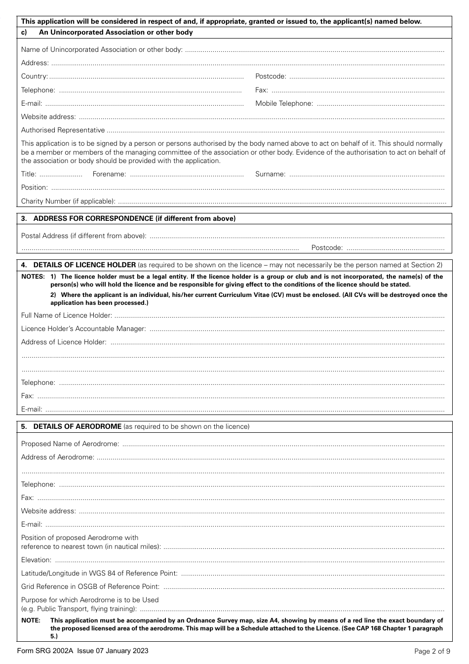 Form SRG2002A Application for an Aerodrome Licence - United Kingdom, Page 2