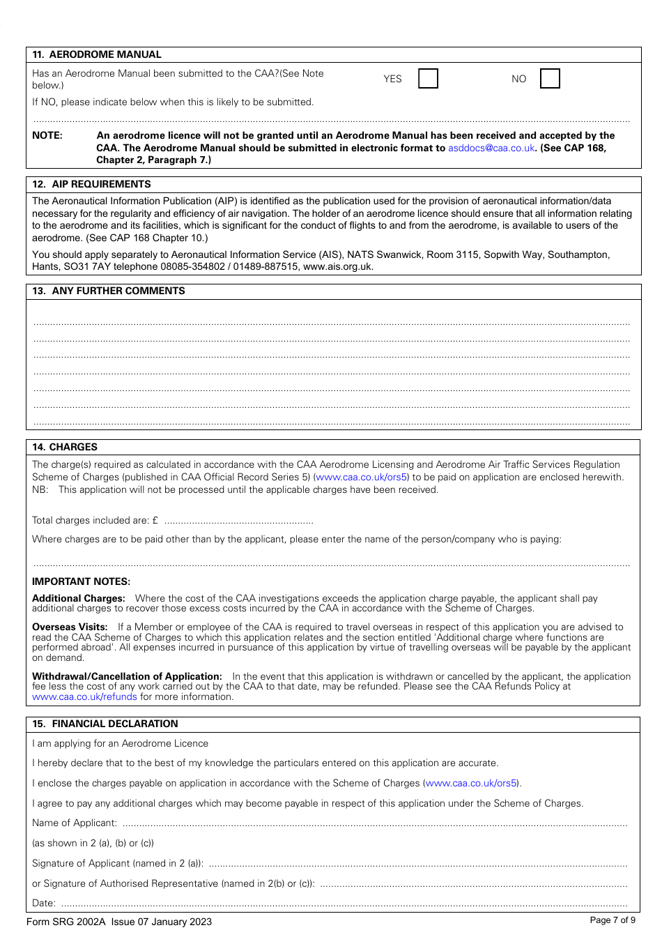 Form SRG2002A Application for an Aerodrome Licence - United Kingdom, Page 7
