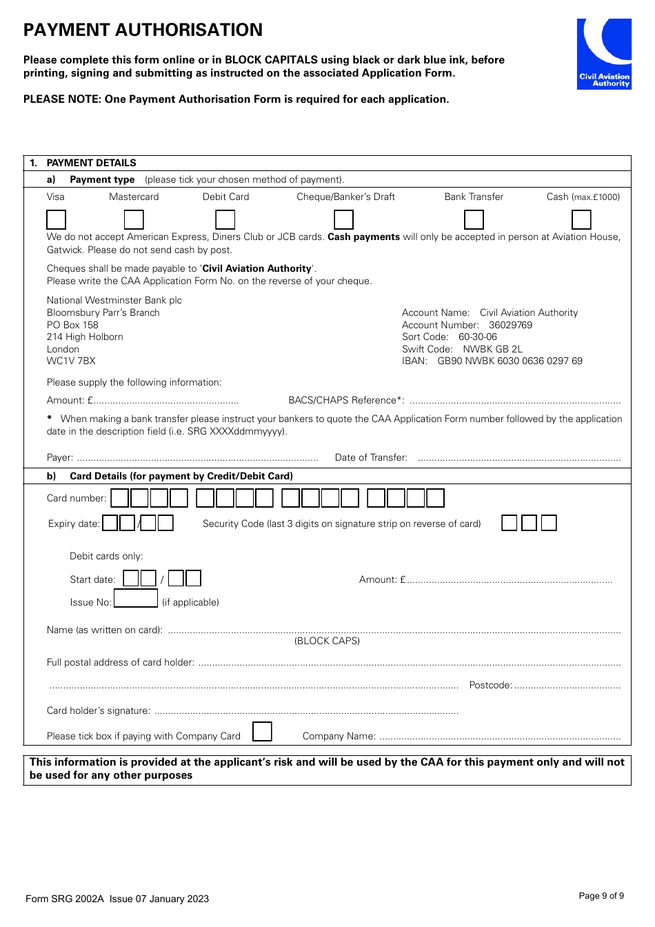Form SRG2002A Application for an Aerodrome Licence - United Kingdom, Page 9