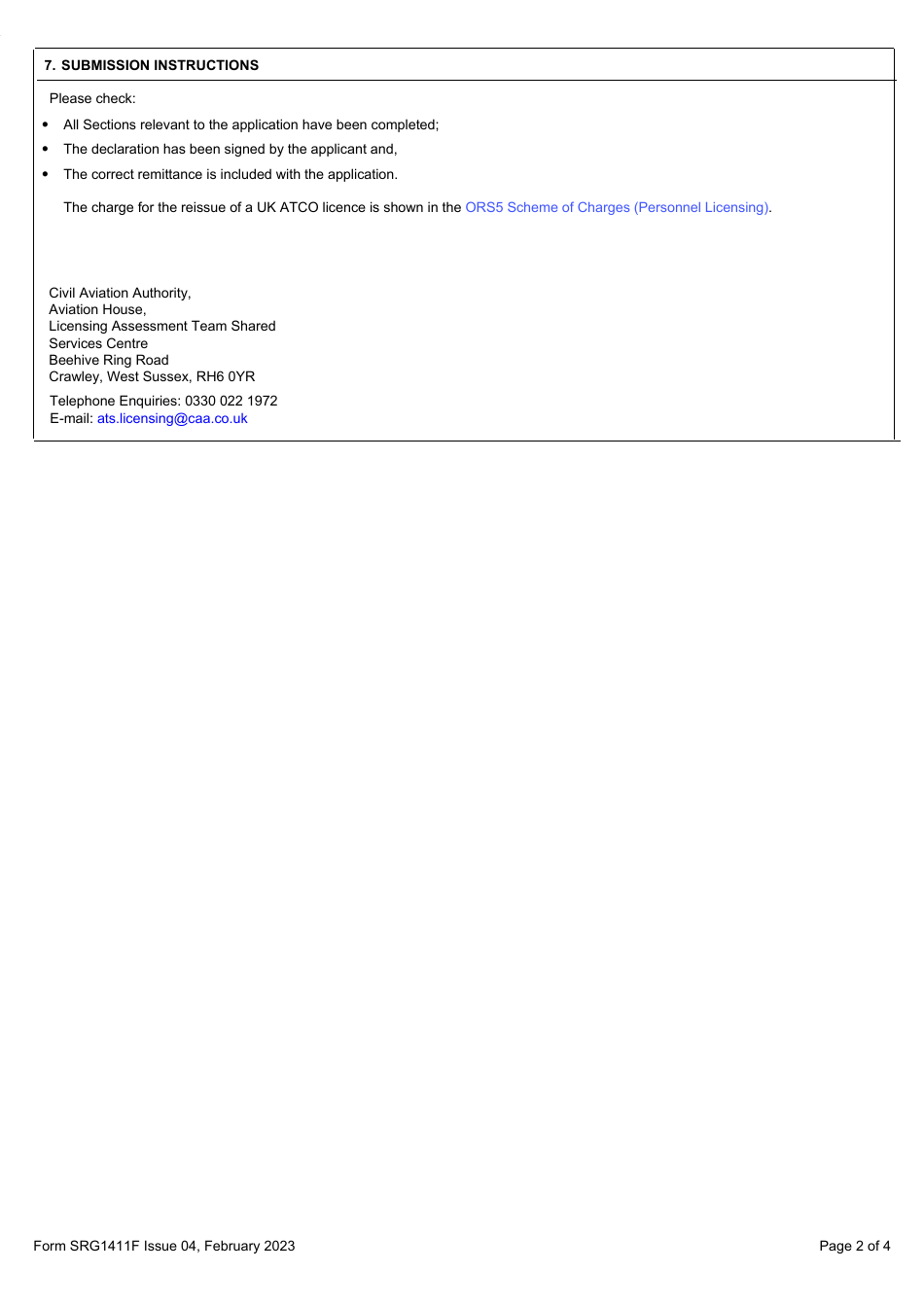Form SRG1411F Application for the Reissue of a UK Regulation 2015 / 340 Air Traffic Controller (Atco) Licence That Has Been Exchanged for an Eu Member State Licence - United Kingdom, Page 2