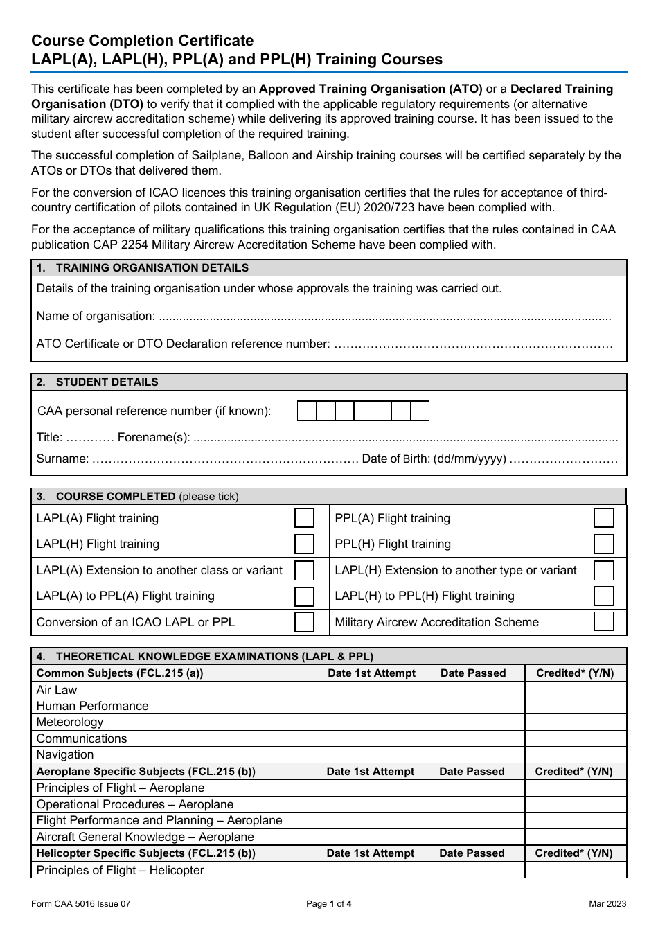 Form CAA5016 Course Completion Certificate - Lapl(A), Lapl(H), Ppl(A) and Ppl(H) Training Courses - United Kingdom, Page 1
