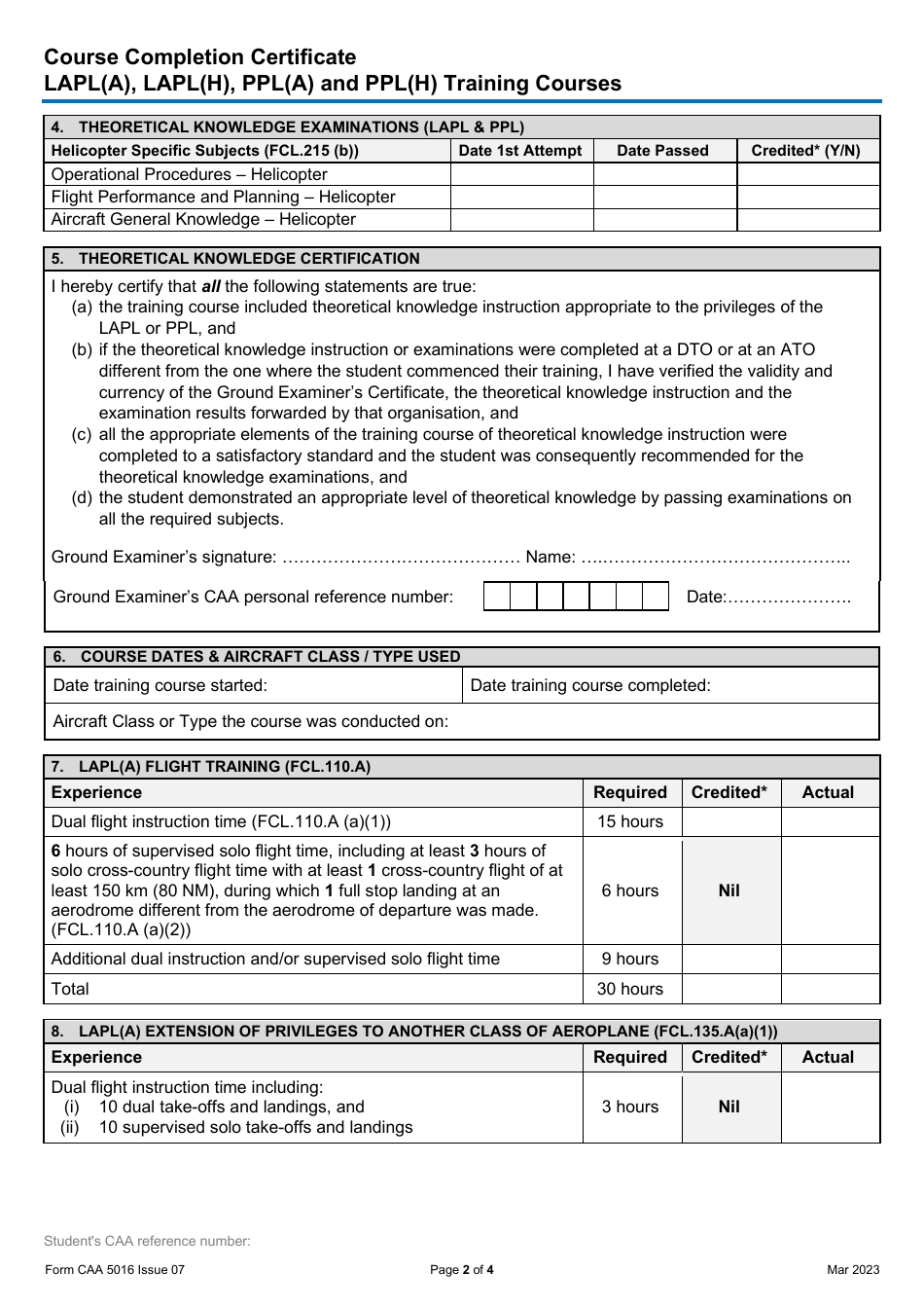 Form CAA5016 Course Completion Certificate - Lapl(A), Lapl(H), Ppl(A) and Ppl(H) Training Courses - United Kingdom, Page 2