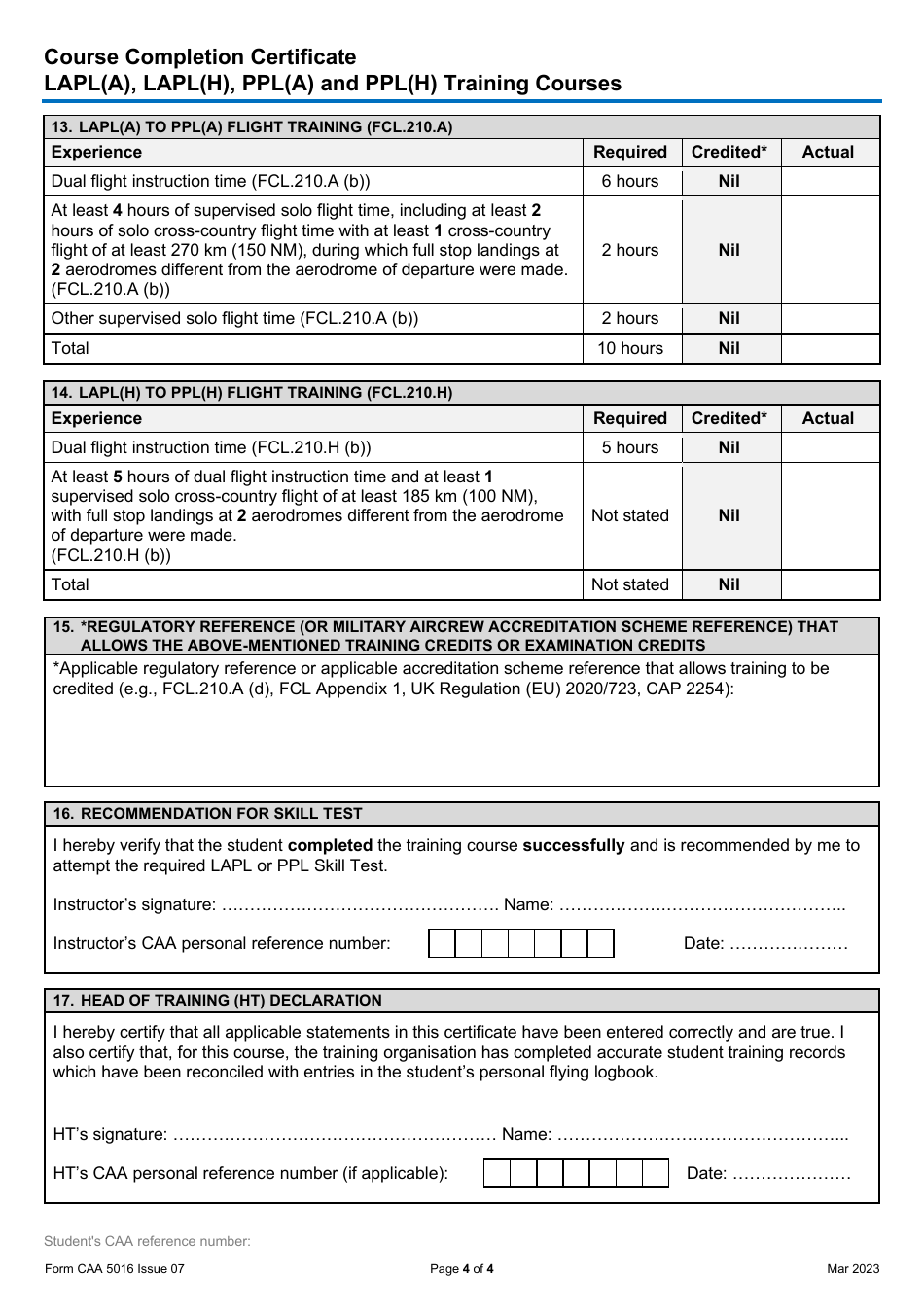 Form CAA5016 Course Completion Certificate - Lapl(A), Lapl(H), Ppl(A) and Ppl(H) Training Courses - United Kingdom, Page 4