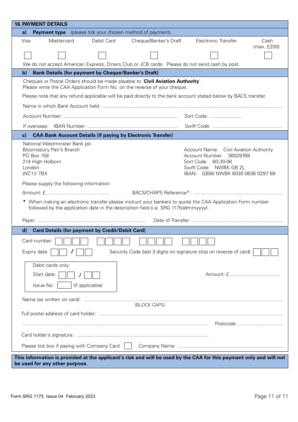 Form SRG1175 Application for Initial Approval of a Type Rating Training Organisation and Variation to Type Rating Training Course Approvals (Aeroplanes and Helicopters) Under Article 168 of the Air Navigation Order 2016 (UK Annex II Aircraft Only) - United Kingdom, Page 11