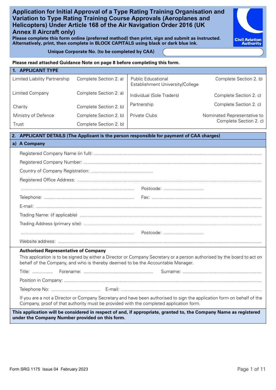 Form SRG1175 Application for Initial Approval of a Type Rating Training Organisation and Variation to Type Rating Training Course Approvals (Aeroplanes and Helicopters) Under Article 168 of the Air Navigation Order 2016 (UK Annex II Aircraft Only) - United Kingdom, Page 1