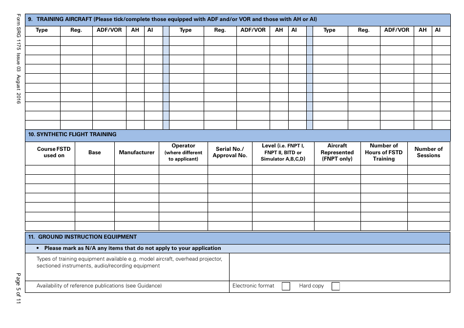 Form SRG1175 Application for Initial Approval of a Type Rating Training Organisation and Variation to Type Rating Training Course Approvals (Aeroplanes and Helicopters) Under Article 168 of the Air Navigation Order 2016 (UK Annex II Aircraft Only) - United Kingdom, Page 5