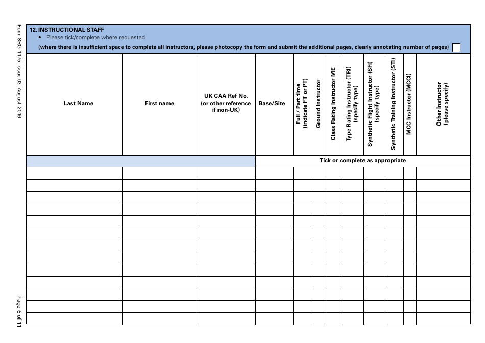 Form SRG1175 Application for Initial Approval of a Type Rating Training Organisation and Variation to Type Rating Training Course Approvals (Aeroplanes and Helicopters) Under Article 168 of the Air Navigation Order 2016 (UK Annex II Aircraft Only) - United Kingdom, Page 6