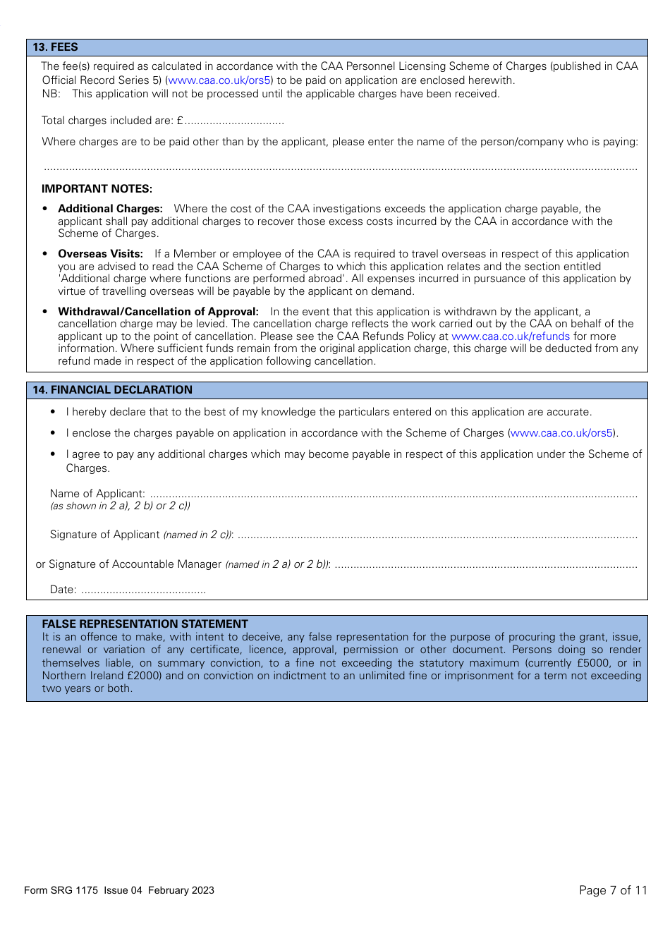 Form SRG1175 Application for Initial Approval of a Type Rating Training Organisation and Variation to Type Rating Training Course Approvals (Aeroplanes and Helicopters) Under Article 168 of the Air Navigation Order 2016 (UK Annex II Aircraft Only) - United Kingdom, Page 7