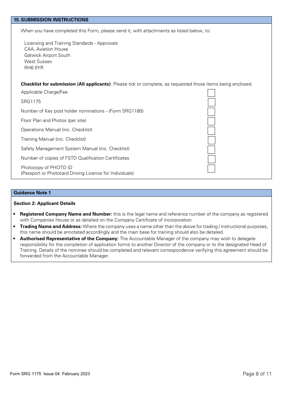 Form SRG1175 Application for Initial Approval of a Type Rating Training Organisation and Variation to Type Rating Training Course Approvals (Aeroplanes and Helicopters) Under Article 168 of the Air Navigation Order 2016 (UK Annex II Aircraft Only) - United Kingdom, Page 8
