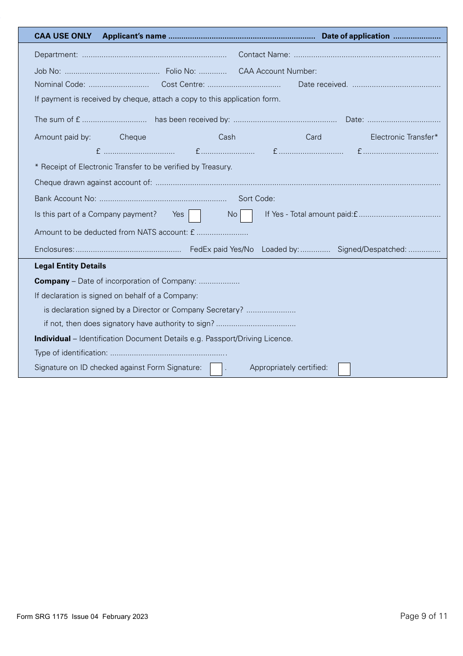 Form SRG1175 Application for Initial Approval of a Type Rating Training Organisation and Variation to Type Rating Training Course Approvals (Aeroplanes and Helicopters) Under Article 168 of the Air Navigation Order 2016 (UK Annex II Aircraft Only) - United Kingdom, Page 9