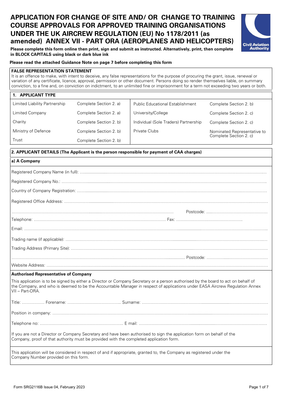 Form SRG2116B Application for Change of Site and / or Change to Training Course Approvals for Approved Training Organisations Under the UK Aircrew Regulation (Eu) No 1178 / 2011 (As Amended) Annex VII - Part Ora (Aeroplanes and Helicopters) - United Kingdom, Page 1