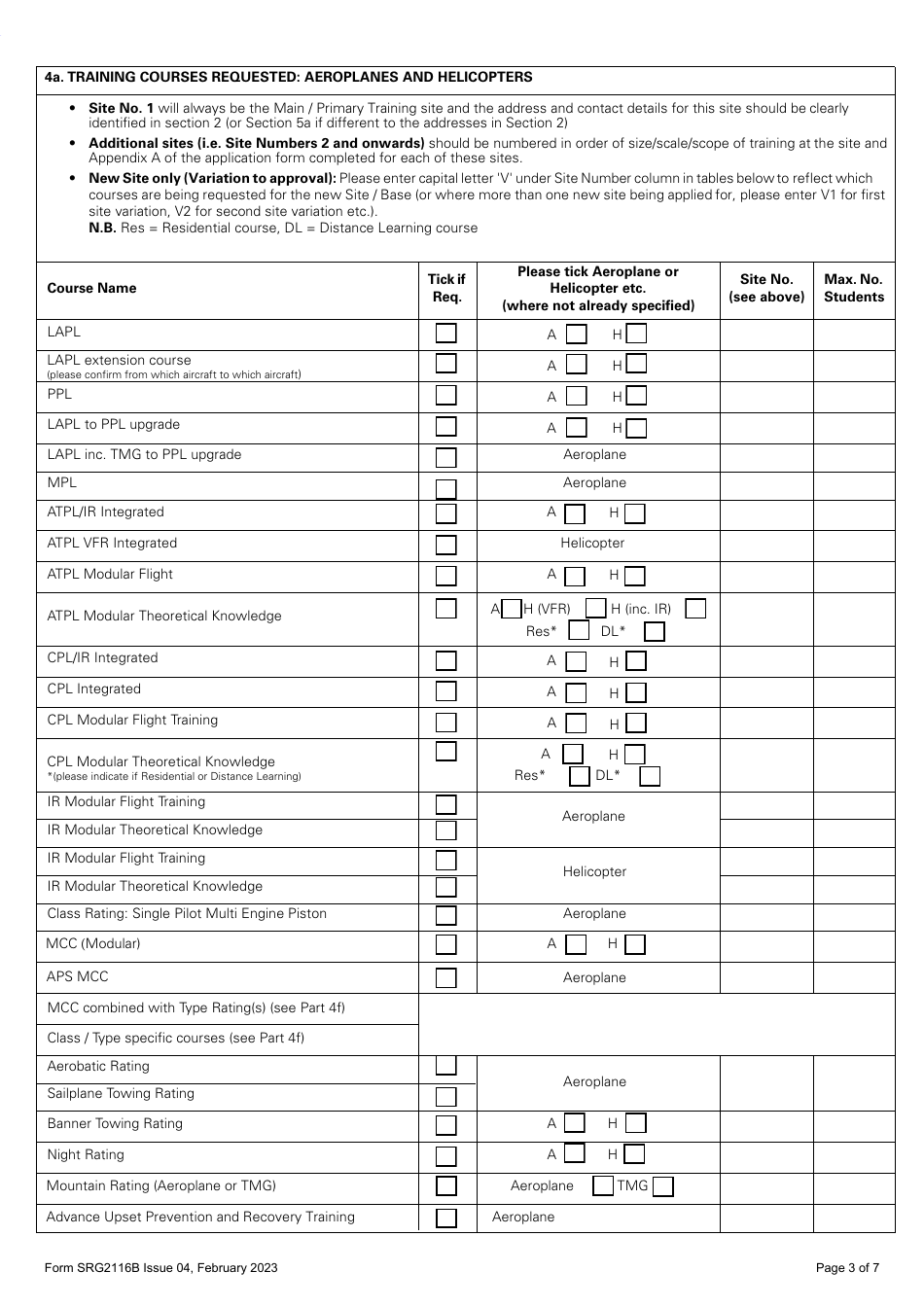 Form SRG2116B Application for Change of Site and / or Change to Training Course Approvals for Approved Training Organisations Under the UK Aircrew Regulation (Eu) No 1178 / 2011 (As Amended) Annex VII - Part Ora (Aeroplanes and Helicopters) - United Kingdom, Page 3